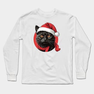 Black Cat in a Santa Hat Long Sleeve T-Shirt